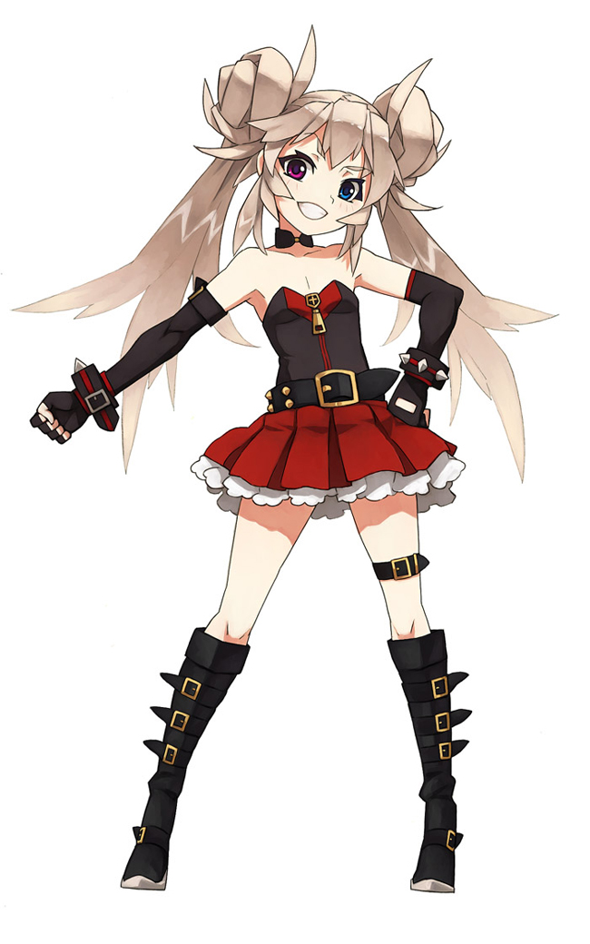 1girl, bare_shoulders, blonde_hair, blue_eyes, boots, bracelet, dress, fingerless_gloves