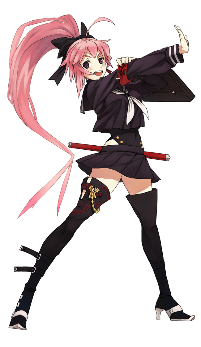 1girl, adjusting_clothes, ahoge, armband, bag, blush, boots, bow