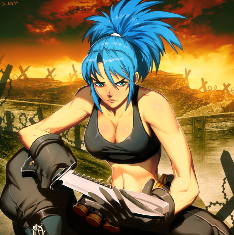 1girl, barbed_wire, bare_shoulders, blue_eyes, blue_hair, boots, breasts, cleavage