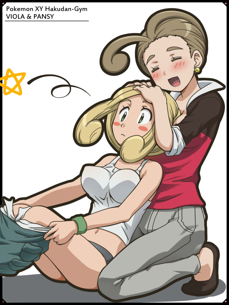 2girls, :d, ^_^, awa, between_breasts, blonde_hair, blush, blush_stickers
