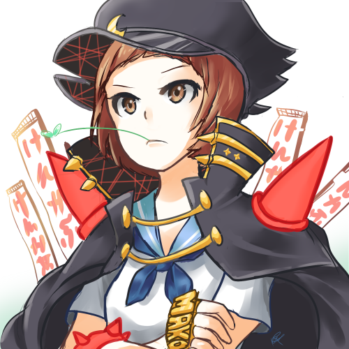 1girl, alternate_costume, bob_cut, brown_eyes, brown_hair, crossed_arms, frown, gakuran