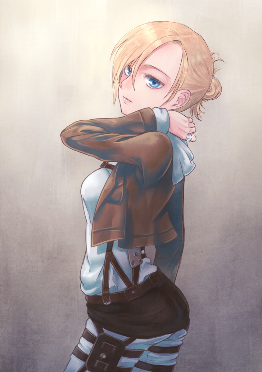 1girl, annie_leonhardt, belt, blonde_hair, blue_eyes, breasts, buckle, glint, highres, hoodie, jewelry, ladybird8n, military, military_uniform, ponytail, ring, shingeki_no_kyojin, short_hair, solo, thigh_strap, uniform