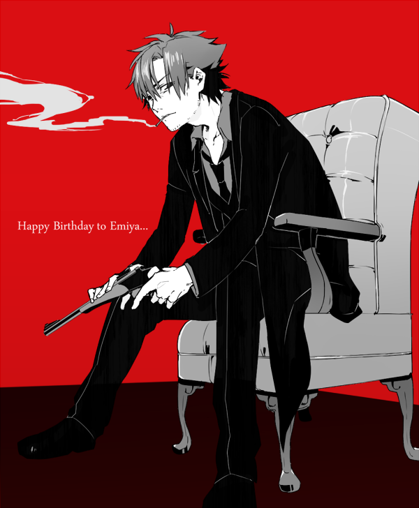 1boy, emiya_kiritsugu, facial_hair, fate/zero, fate_(series), fley3black, gun, handgun, happy_birthday, sitting, solo, stubble, thompson_contender, weapon