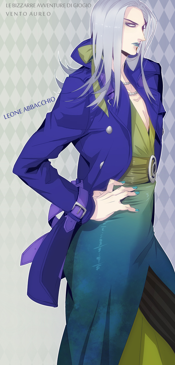 1boy, blue_jacket, grey_hair, highres, jacket, jojo_no_kimyou_na_bouken, leone_abbachio, lipstick