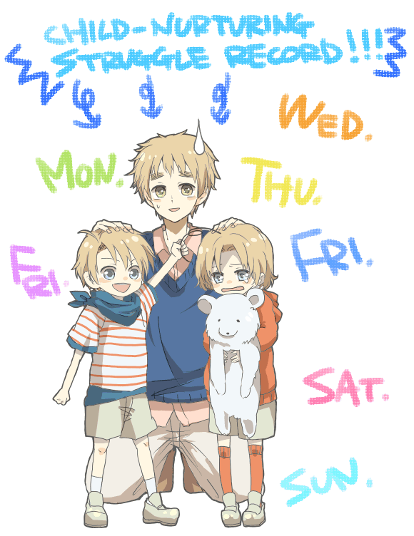 3boys, america_(hetalia), axis_powers_hetalia, bear, blonde_hair, blue_eyes, boys, canada_(hetalia)