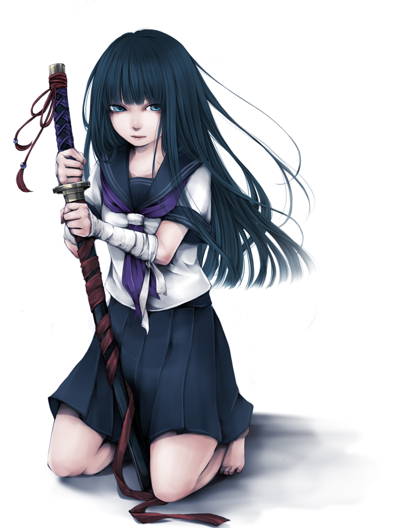 1girl, bandages, barefoot, black_hair, blue_eyes, katana, kneeling, long_hair