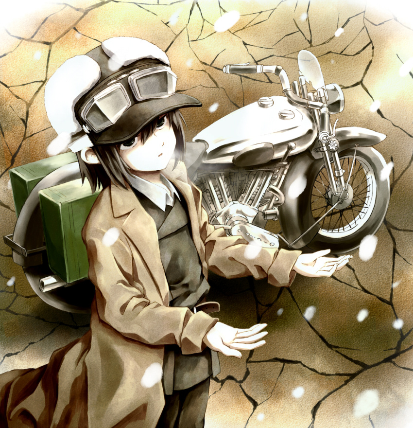 1girl, brown_hair, coat, crack, expressionless, fur_hat, genny, goggles