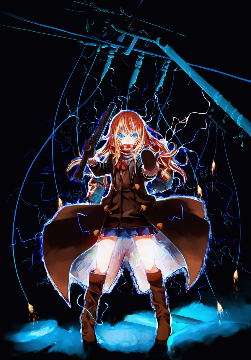 1girl, blonde_hair, blue_eyes, blunderbuss, coppelion, crazy_eyes, electricity, grin