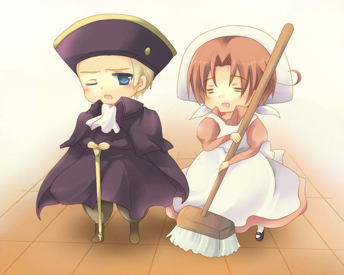 2boys, =_=, ahoge, apron, axis_powers_hetalia, blonde_hair, blue_eyes, boots