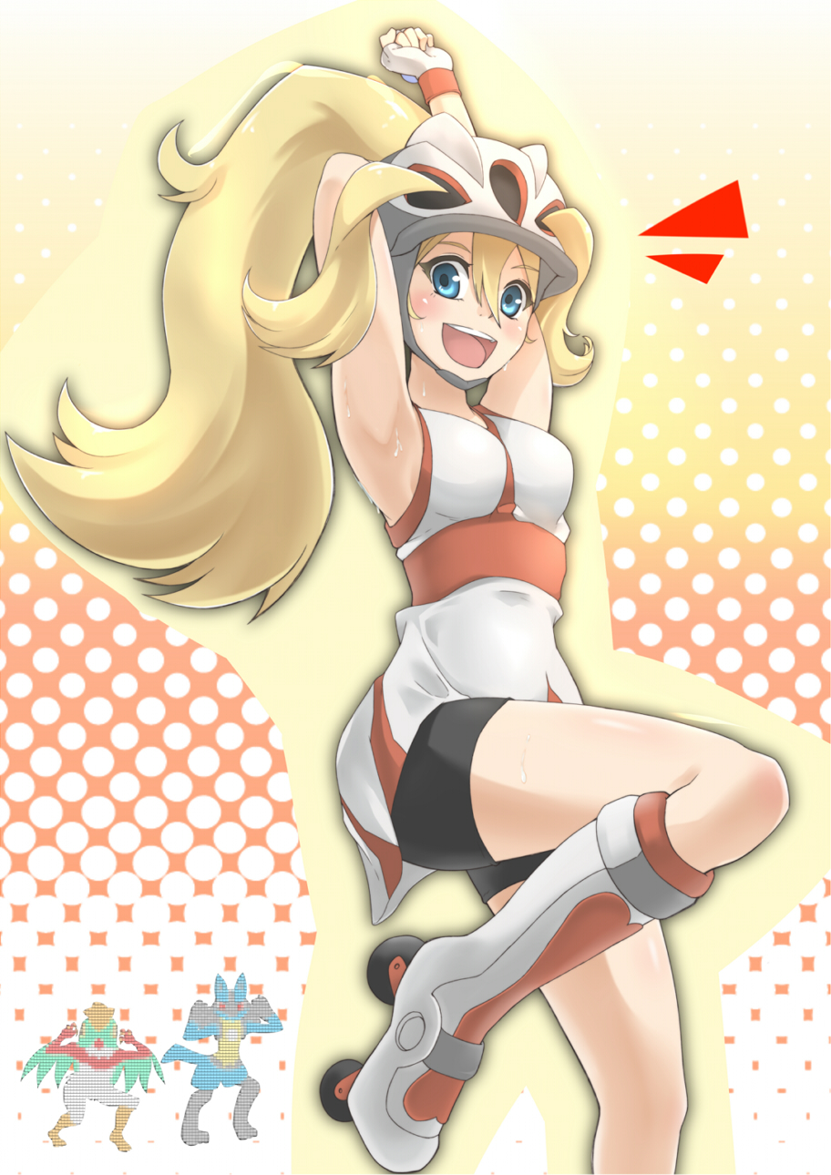 1girl, arm_behind_head, arm_up, armpits, bare_shoulders, bicycle_helmet, bike_shorts, black_bike_shorts, blonde_hair, blue_eyes, blush, breasts, fingerless_gloves, gloves, hakutakuanta, hawlucha, helmet, highres, koruni_(pokemon), leg_up, long_hair, looking_at_viewer, looking_down, lucario, open_mouth, pokemon, pokemon_(game), pokemon_xy, polka_dot, polka_dot_background, ponytail, roller_skates, skates, solo, sweat, two_side_up