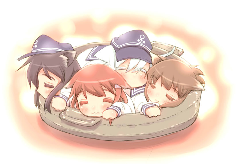 4girls, akatsuki_(kantai_collection), animal_ears, black_hair, brown_hair, cat_ears, hat, hibiki_(kantai_collection)