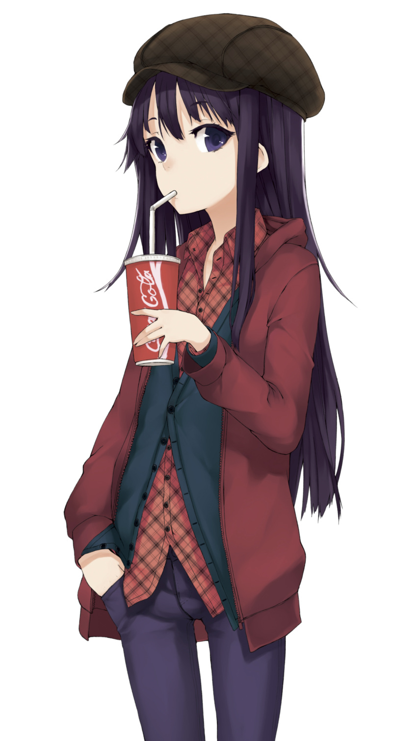 1girl, absurdres, cabbie_hat, cardigan, coat, cup, drinking, hand_in_pocket