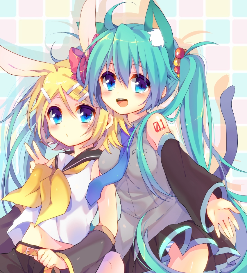 2girls, ahoge, animal_ears, aqua_eyes, aqua_hair, belt, blonde_hair, cat_ears