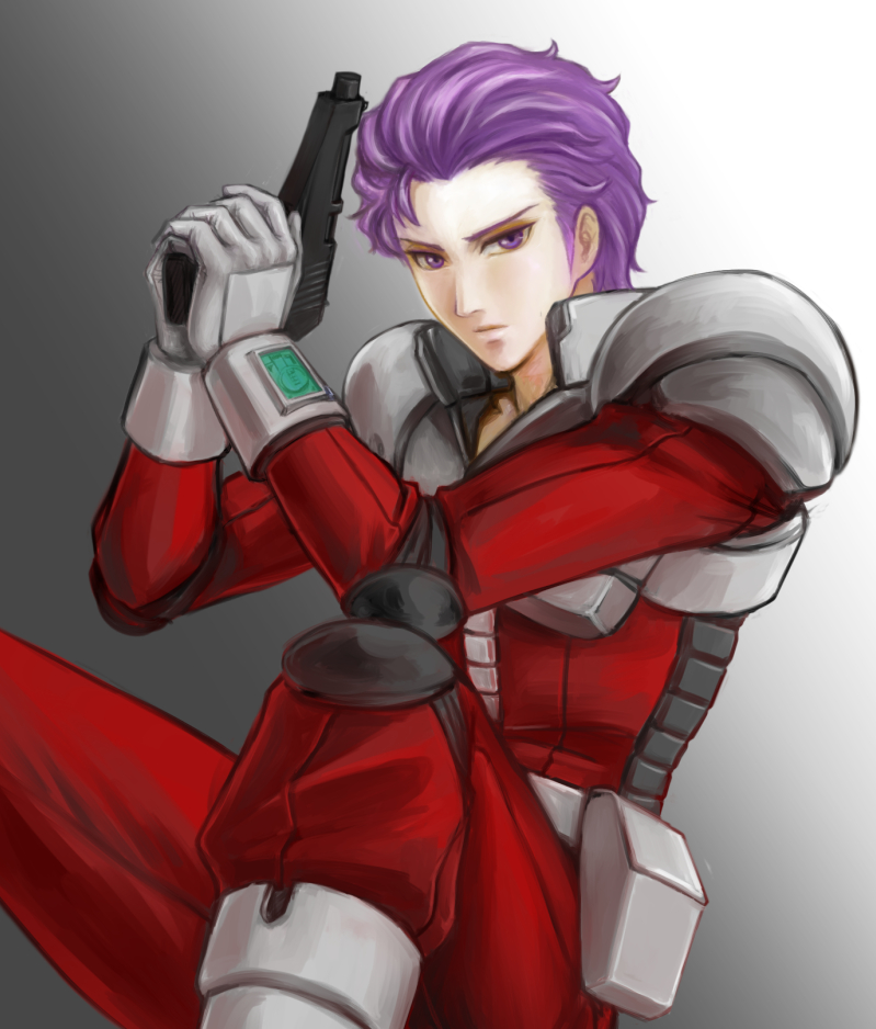 1boy, amemiya, eric_blanke, gun, gundam_battlefield_record_uc_0081, pilot_suit, purple_hair, short_hair, violet_eyes, weapon, zeon