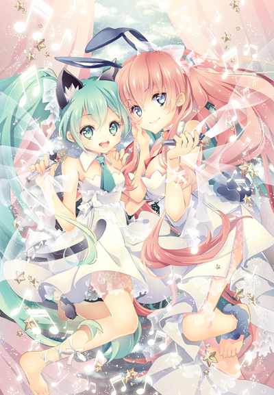 2girls, animal_ears, barefoot, blue_eyes, cat_ears, cat_tail, dress, green_eyes
