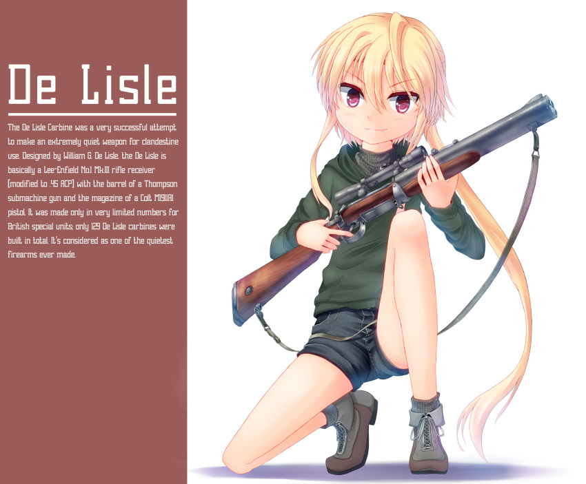1girl, blonde_hair, de_lisle_carbine, dreadtie, fang, gun, highres, hoodie
