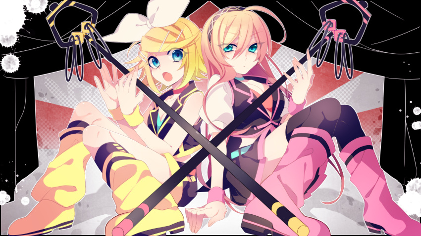 2girls, aqua_eyes, bare_shoulders, black_legwear, blonde_hair, blue_eyes, boots, choker