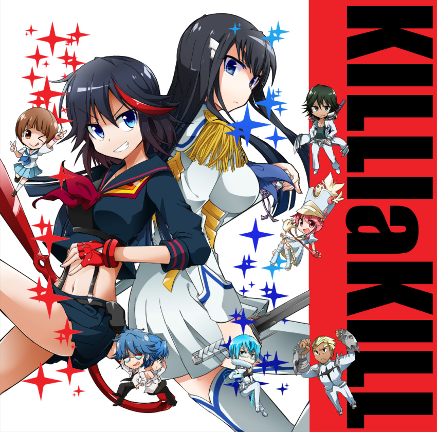4boys, 4girls, :d, ;q, back-to-back, black_hair, blonde_hair, blue_eyes