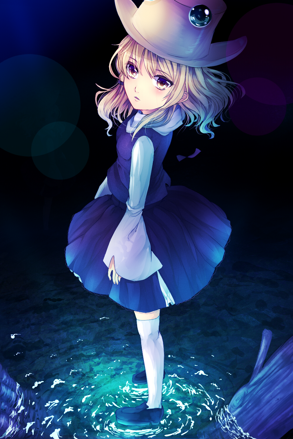 1girl, blonde_hair, blush, hair_ornament, hair_ribbon, hat, highres, long_sleeves