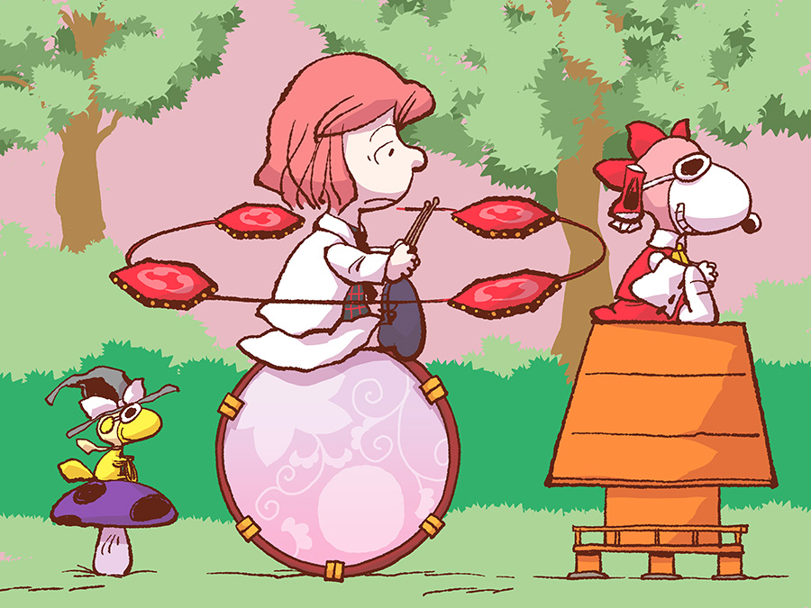 bird, bow, chamupei, doghouse, drum, drum_set, drumsticks, grin