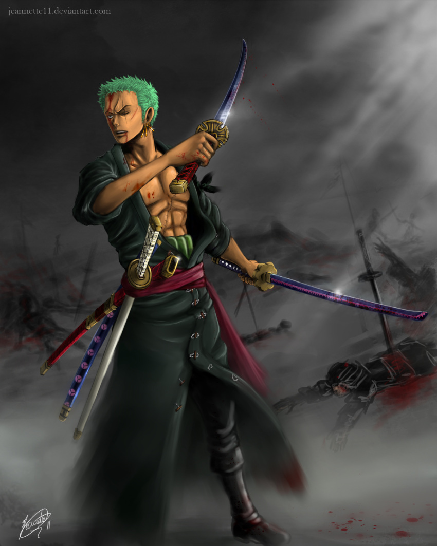 1boy, abs, after_battle, blood, blood_from_mouth, blood_on_face, death, dual_wielding, earrings, green_hair, highres, jeannette11, jewelry, katana, male, one-eyed, one_piece, roronoa_zoro, scar, sheath, sheathed, short_hair, signature, solo_focus, sword, watermark, weapon, web_address