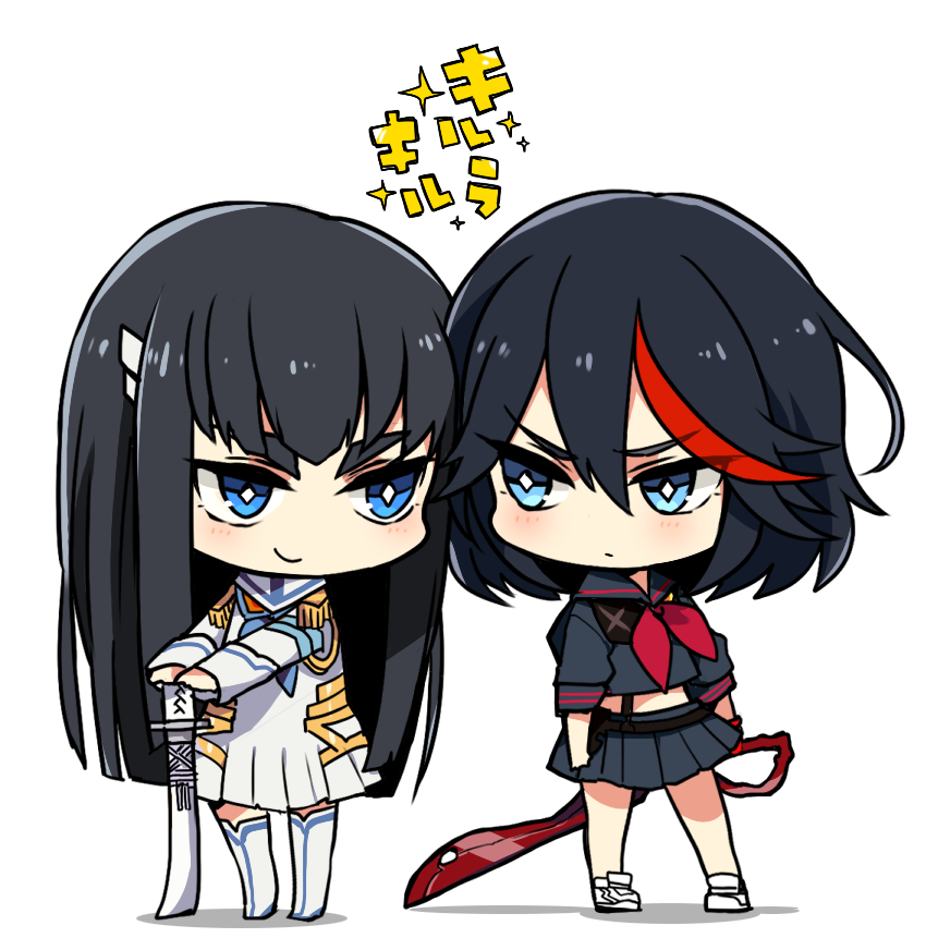 2girls, black_hair, blue_eyes, chibi, dress, eye_contact, hair_ornament, hairclip