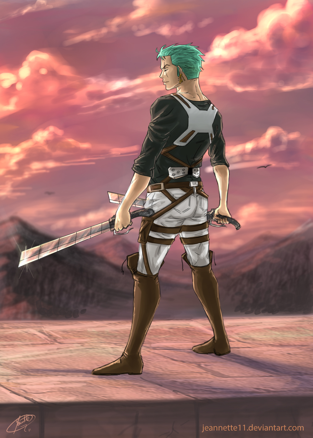 1boy, crossover, dual_wielding, earrings, green_hair, highres, jeannette11, jewelry