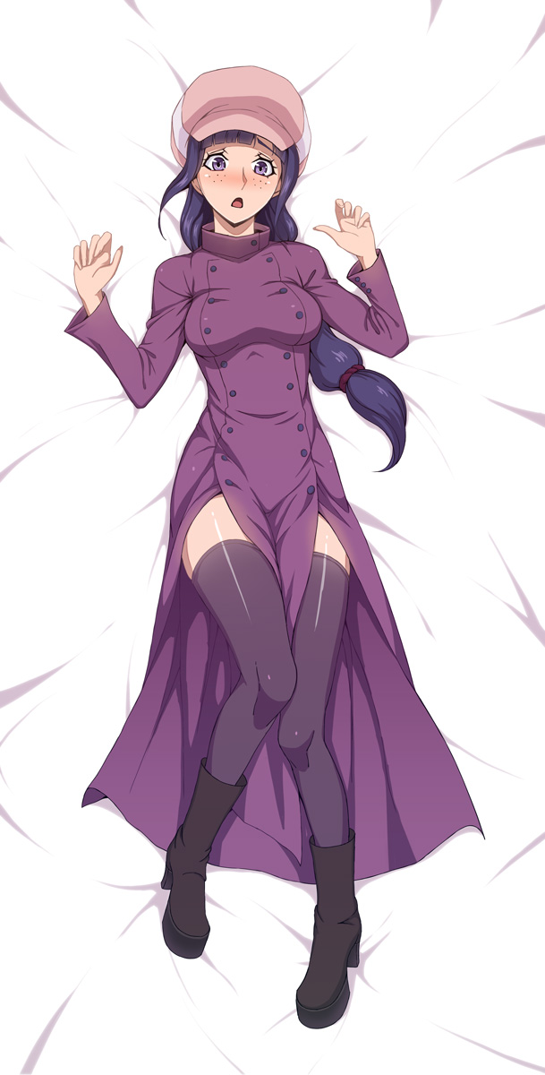 1girl, blush, boots, breasts, dakimakura, freckles, gundam, gundam_build_fighters