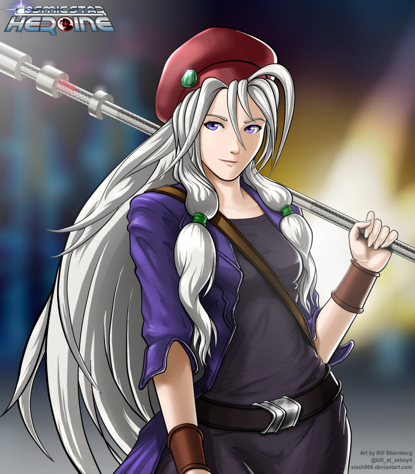 1girl, alyssa_l'salle, artist_name, belt, beret, bill_stiernberg, copyright_name, cosmic_star_heroine