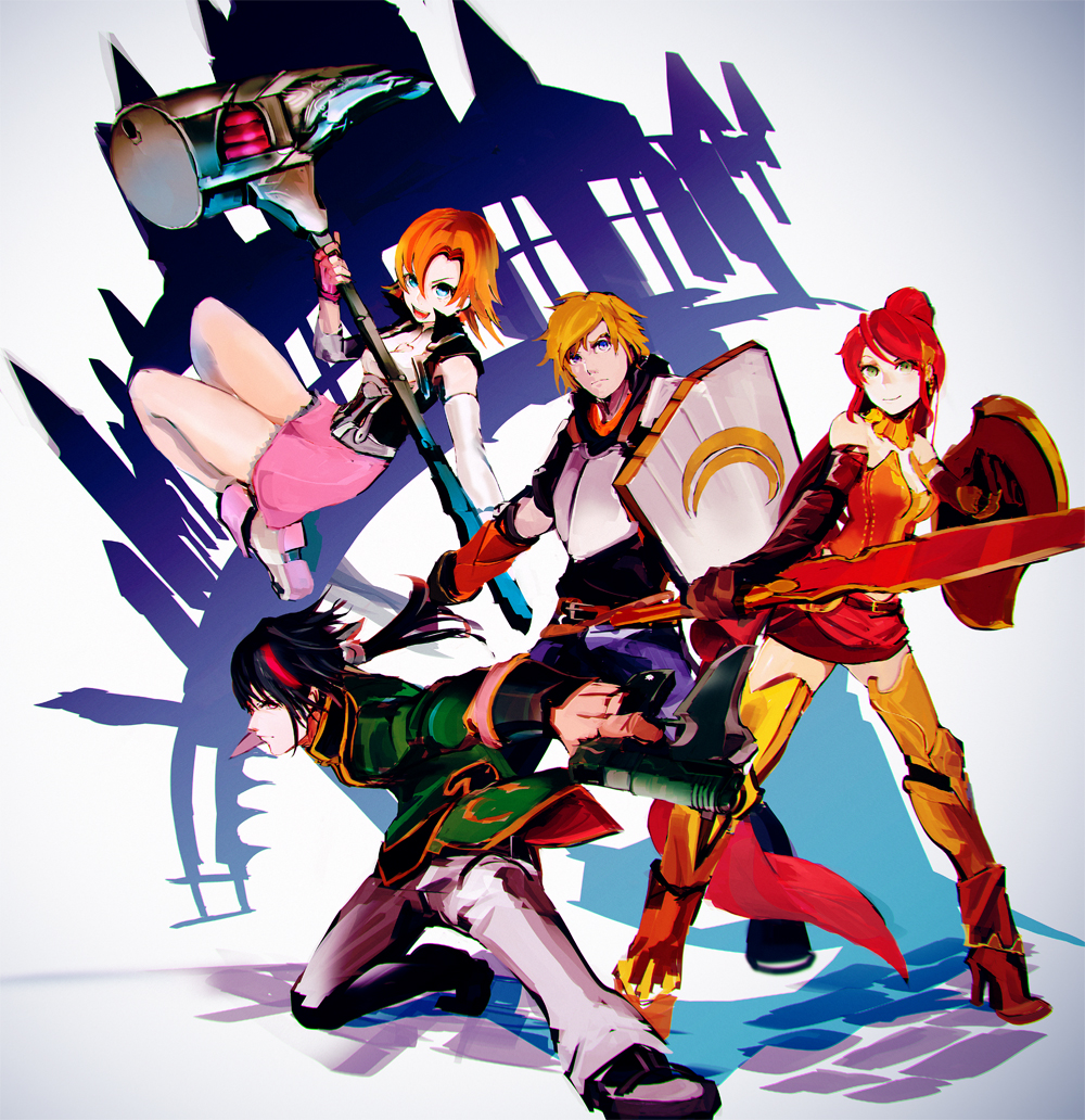 2boys, 2girls, black_hair, blonde_hair, breastplate, changpao, chinese_clothes, dual_wielding