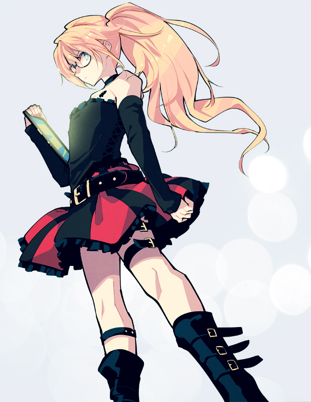 1boy, bare_shoulders, belt, blonde_hair, blue_eyes, boots, choker, crossdressinging