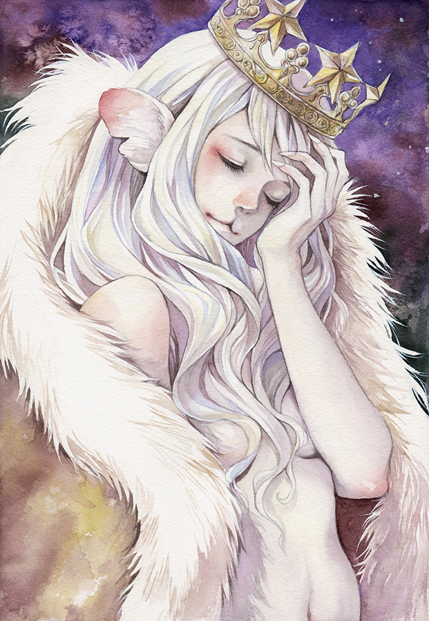 1girl, :3, animal_ears, breasts, claws, cleavage, closed_eyes, crown