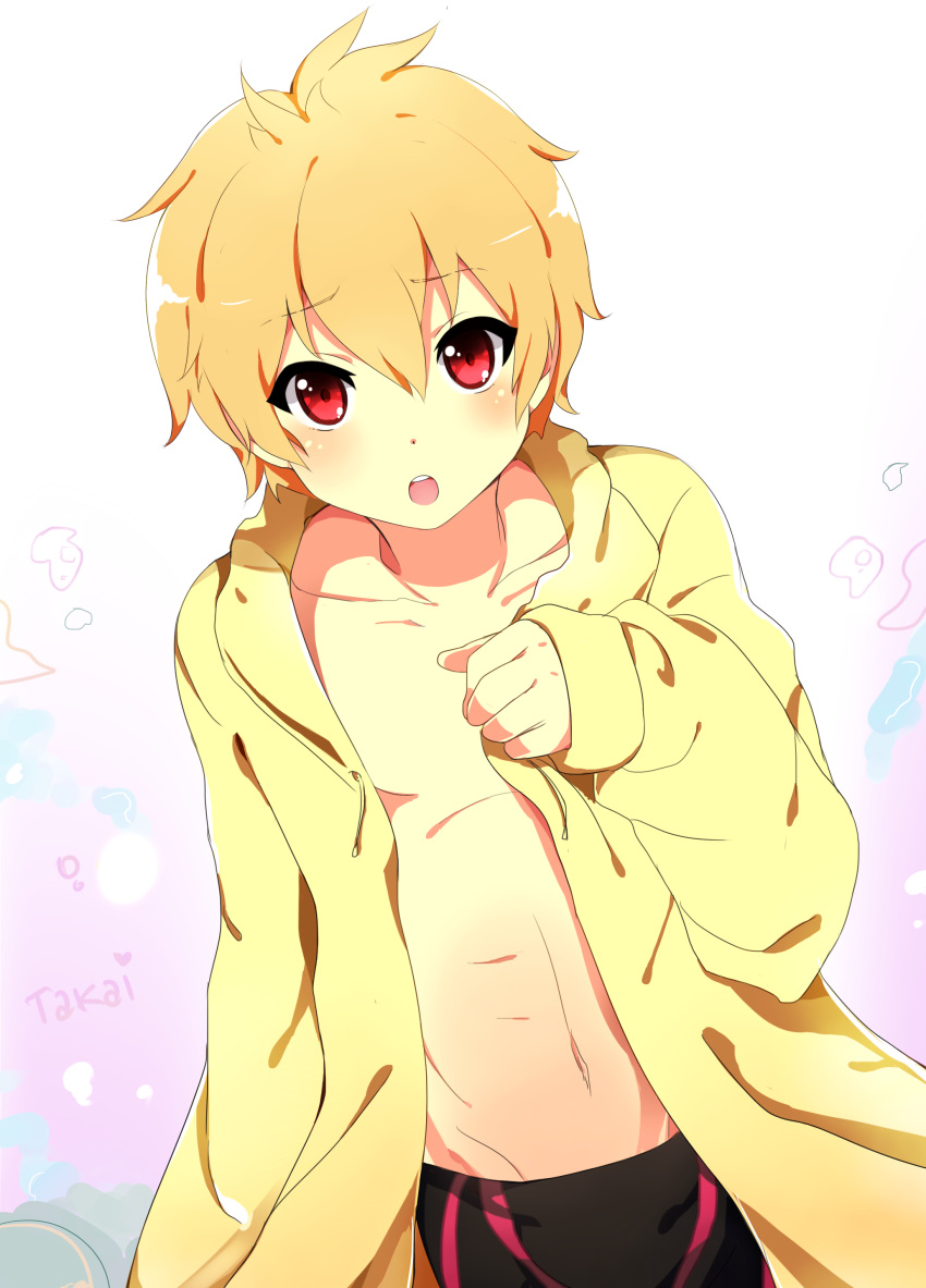 1boy, absurdres, blonde_hair, blush, free!, hazuki_nagisa, highres, male, open_mouth, red_eyes, short_hair, swimsuit, takai_seika