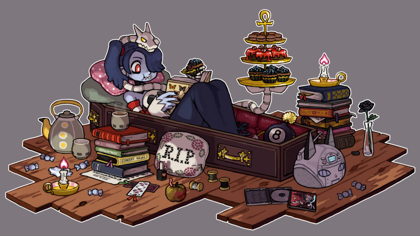 1girl, apple, bare_shoulders, blue_hair, blue_skin, book, candle, cd