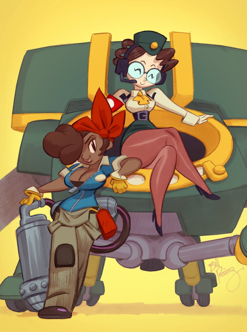 2girls, ^_^, bill_presing, breasts, brown_hair, cleavage, closed_eyes, crossed_legs, dark_skin, garrison_cap, glasses, gloves, gun, hair_over_one_eye, hat, headset, large_breasts, mecha, military, military_uniform, molly_(skullgirls), multiple_girls, pantyhose, round_glasses, roxie_(skullgirls), sitting, skullgirls, sleeves_rolled_up, uniform, walker, weapon, zipper