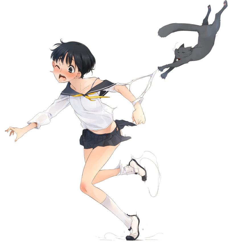 1girl, akaume, bell, black_eyes, black_hair, blush, bra_strap, cat