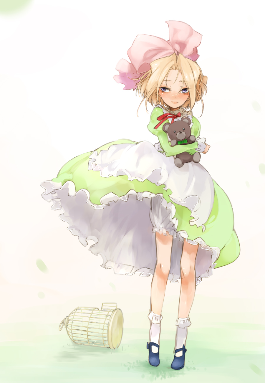 1girl, akaume, birdcage, blonde_hair, bloomers, bow, cage, dress