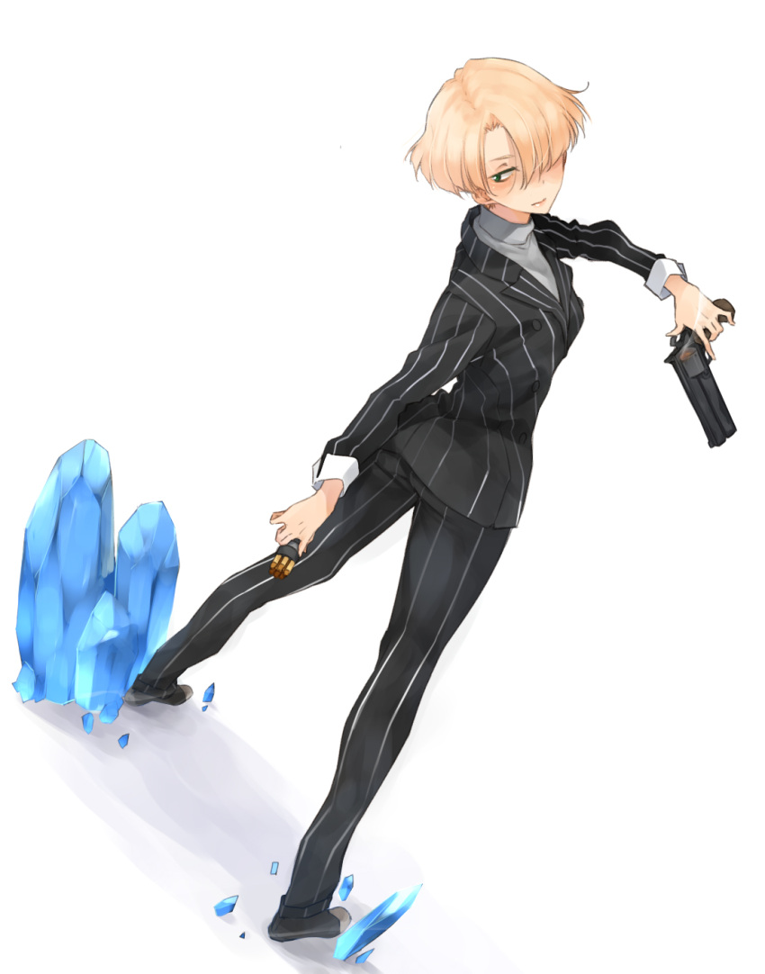 1girl, akaume, blonde_hair, bullet, crystal, green_eyes, gun, hair_over_one_eye