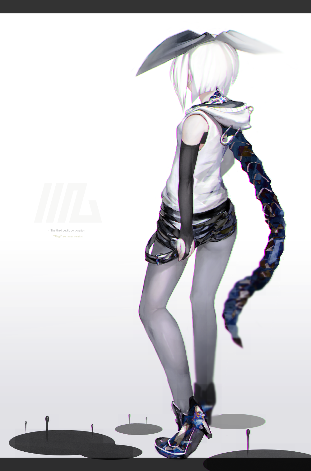 1girl, belt, from_behind, hair_ribbon, highres, hoodie, original, pale_skin