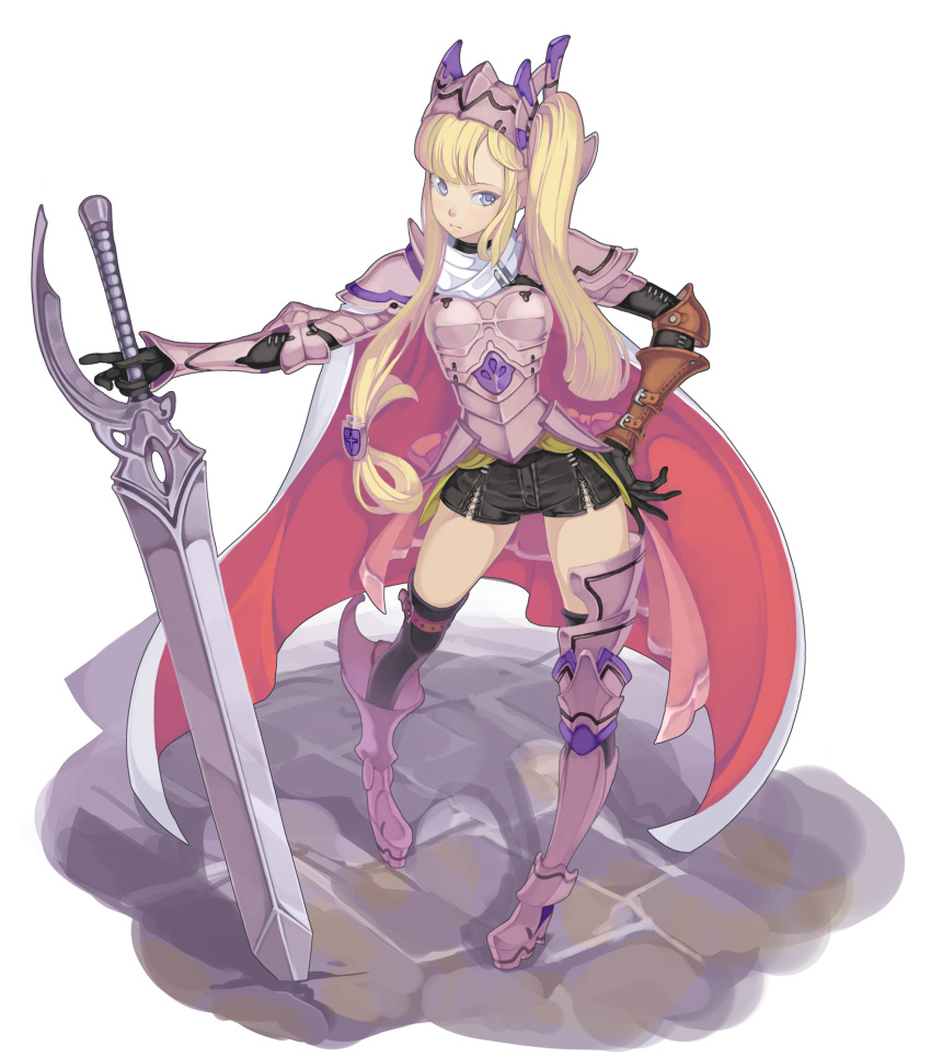 1girl, armor, blonde_hair, blue_eyes, gloves, hand_on_hip, highres, knight