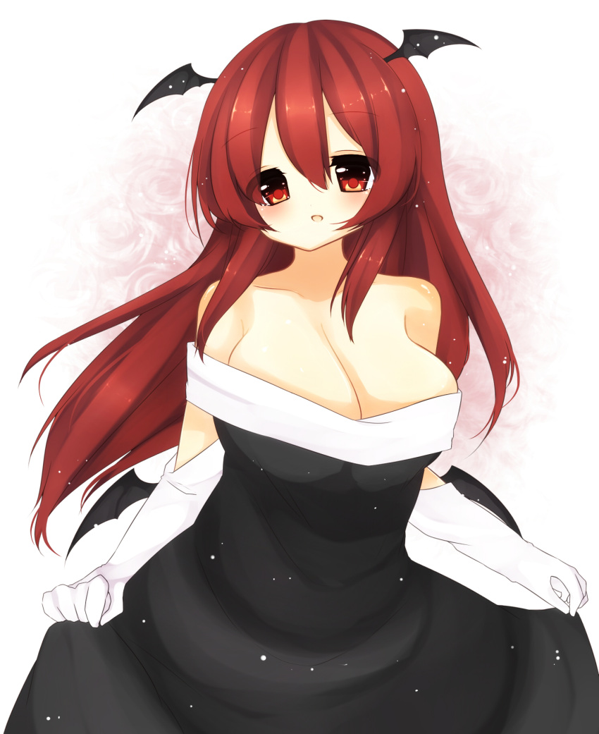 1girl, :o, a-iueo, alternate_costume, bare_shoulders, bat_wings, black_dress, blush, breasts, cleavage, dress, dress_lift, elbow_gloves, eyelashes, gloves, head_wings, highres, koakuma, large_breasts, light_particles, long_hair, looking_at_viewer, low_wings, mini_wings, red_eyes, redhead, simple_background, sleeveless, solo, touhou, white_gloves, wings