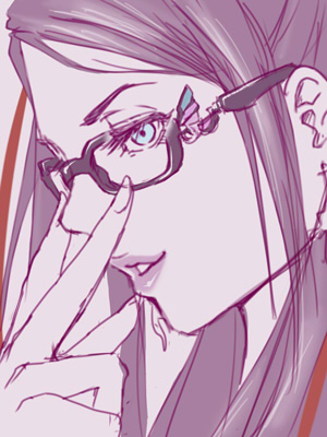 1girl, adjusting_glasses, bayonetta, bayonetta_(character), blue_eyes, glasses, lips, lowres, solo, yajou_hirarin