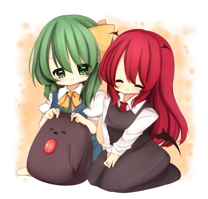 2girls, ^_^, a-iueo, bat_wings, black_dress, bow, chibi, closed_eyes, daiyousei, dress, dress_shirt, eyelashes, forehead, green_eyes, green_hair, hair_bow, happy, head_wings, highres, koakuma, long_hair, long_sleeves, low_wings, mini_wings, multiple_girls, necktie, no_wings, petting, puffy_short_sleeves, puffy_sleeves, redhead, reiuji_utsuho, reiuji_utsuho_(bird), seiza, shirt, short_sleeves, side_ponytail, simple_background, sitting, skirt, skirt_set, touhou, v_arms, vest, white_shirt, wings