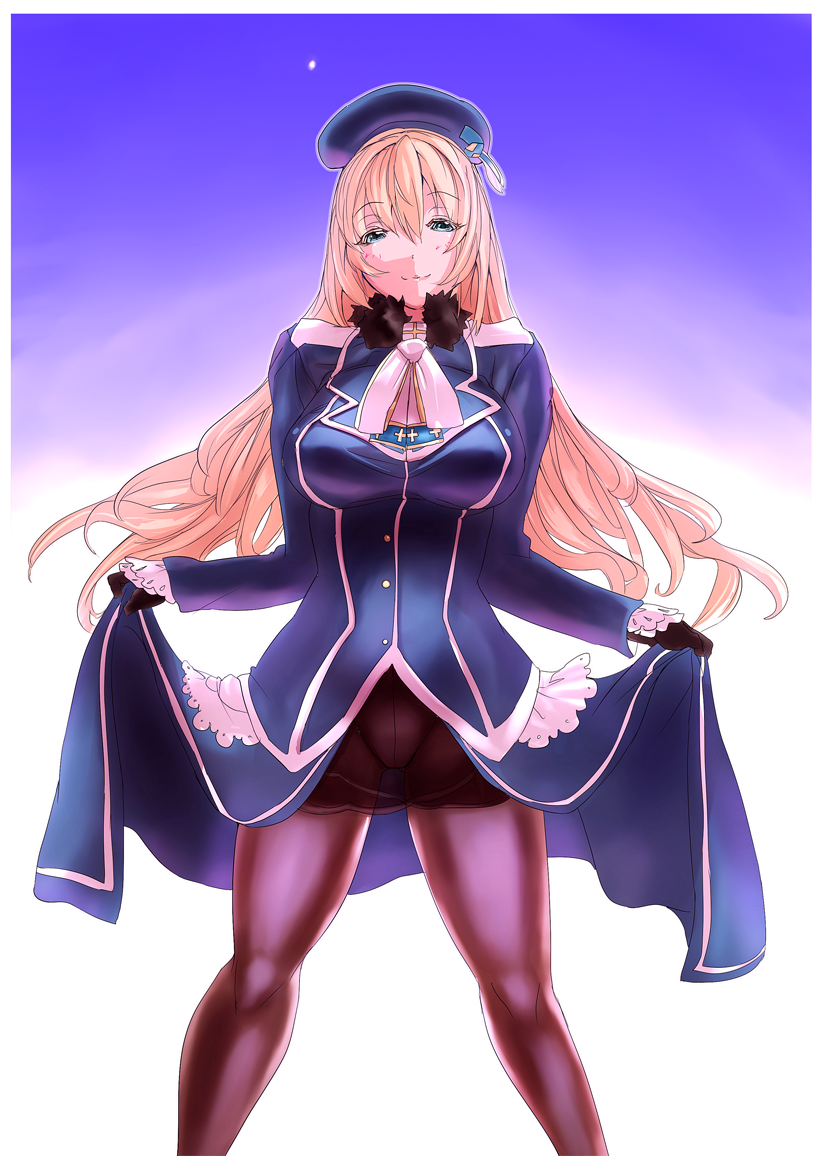 1girl, atago_(kantai_collection), blonde_hair, blush, breasts, ere_(2516325), gloves, green_eyes