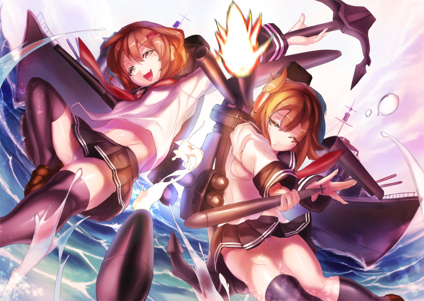 2girls, blush, brown_eyes, brown_hair, ere_(2516325), fang, firing, gun, hair_ornament, hairclip, ikazuchi_(destroyer), ikazuchi_(kantai_collection), inazuma_(destroyer), inazuma_(kantai_collection), kantai_collection, long_hair, multiple_girls, muzzle_flash, open_mouth, personification, pleated_skirt, school_uniform, serafuku, short_hair, skirt, torpedo, turret, weapon