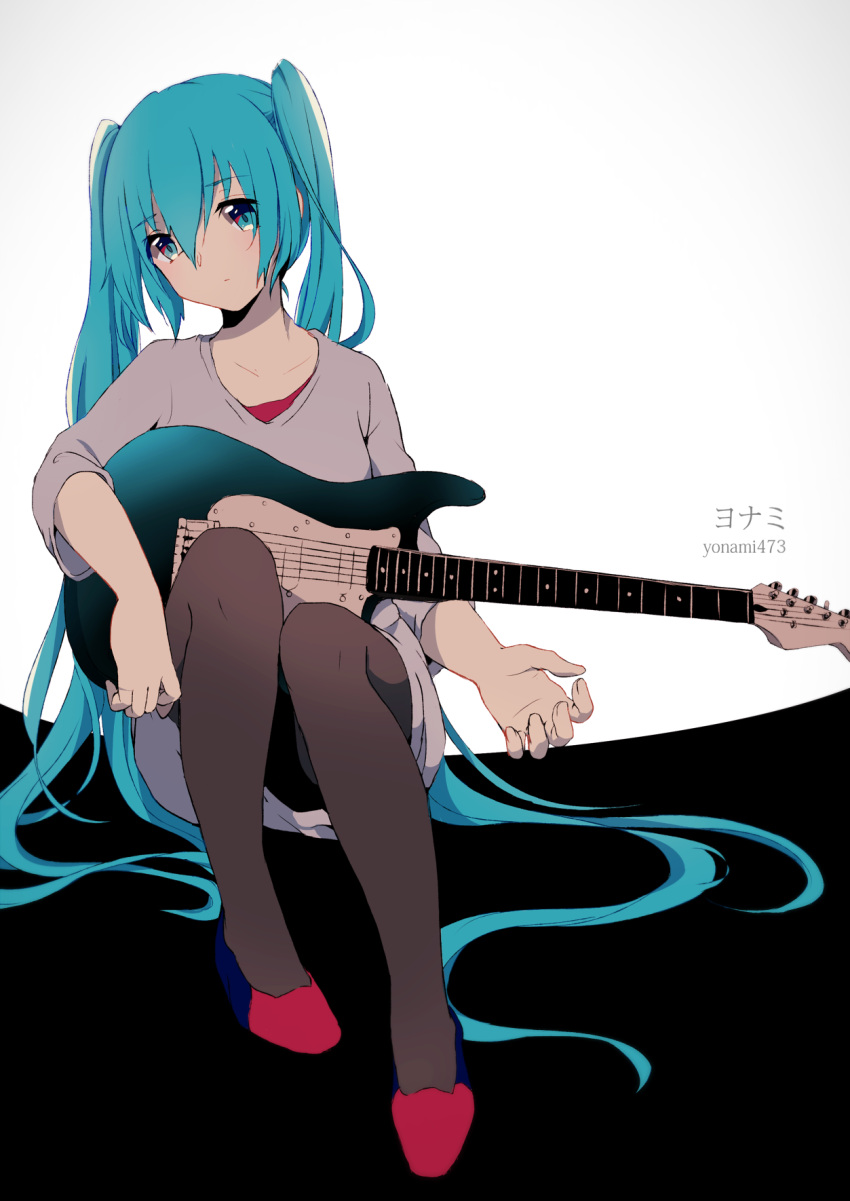 1girl, aqua_eyes, aqua_hair, artist_name, chizuru_(ambient), electric_guitar, guitar, hatsune_miku