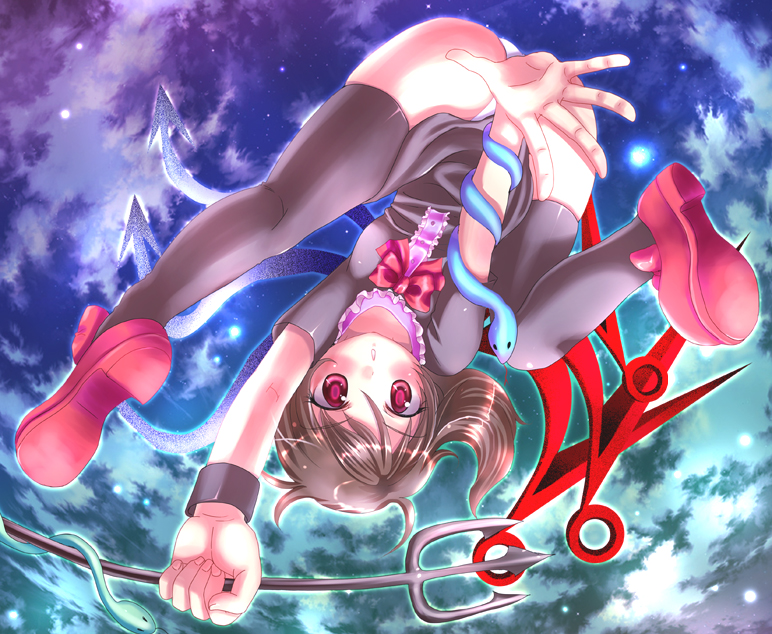 black_legwear, black_thighhighs, brown_hair, dress, houjuu_nue, motatei, panties, polearm