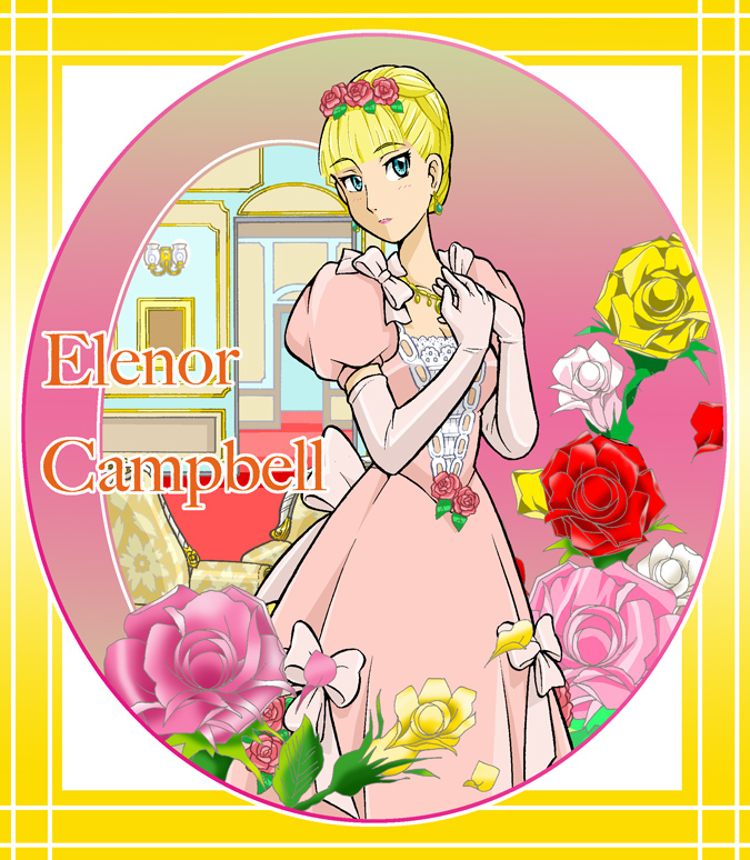 1girl, blonde_hair, blue_eyes, character_name, dress, elbow_gloves, eleanor_campbell, flower, frame, gloves, gown, hair_flower, hair_ornament, hair_up, hands_on_own_chest, hands_together, jewelry, lim, necklace, pink_dress, pink_rose, puffy_short_sleeves, puffy_sleeves, red_rose, rose, short_sleeves, solo, victorian, victorian_romance_emma, yellow_rose