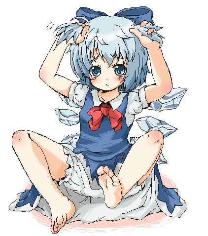 blue_hair, cirno, feet, lowres, oekaki, ribbon, rihhi, touhou