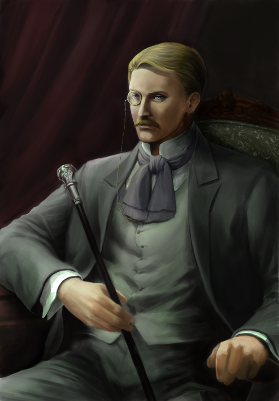 1boy, blonde_hair, blue_eyes, cane, chair, facial_hair, formal, holding, male, monocle, mustache, tokiwa_(breeze_of_film), victorian_romance_emma, wilhelm_molders